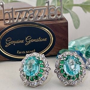 9ct Tourmaline Tsavorite Sapphire Silver 925 Earrings. Seafoam Teal Blue Gray